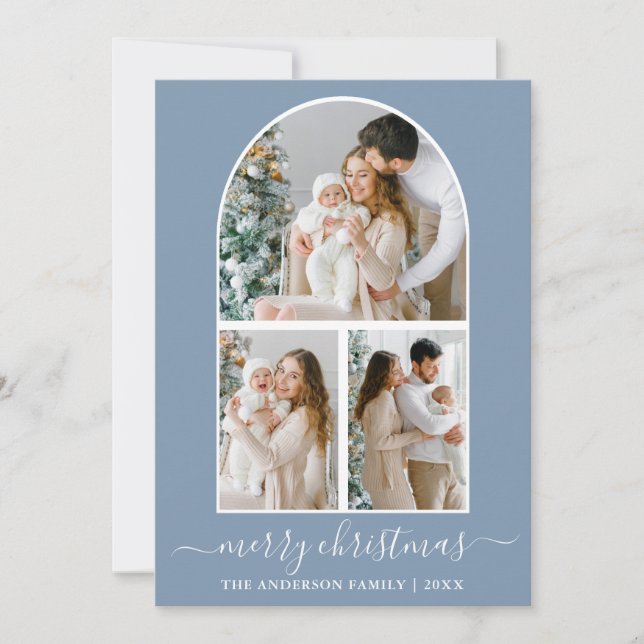 Tarjeta Festiva Navidades de caligrafía 3 Photo Arch Dusty Blue (Anverso)