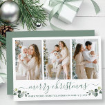 Tarjeta Festiva Navidades de caligrafía acuarela Eucalyptus<br><div class="desc">La moderna caligrafía Script Merry Christmas 3 Photo Holiday Card incluye hojas de eucalipto de color de agua. Texto verde. Sage Green Back.</div>