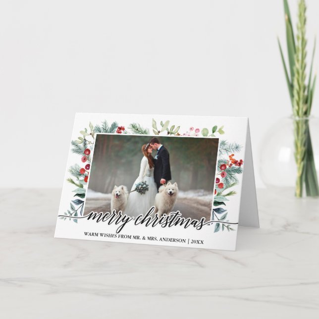 Tarjeta Festiva Navidades de caligrafía Boda de verde foto de fach (Anverso)