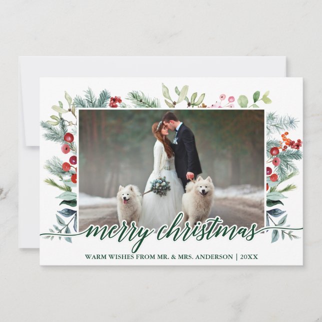 Tarjeta Festiva Navidades de caligrafía Boda de verde foto verde (Anverso)