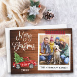 Tarjeta Festiva Navidades de caligrafía Camión Cinta para naves de<br><div class="desc">Moderna caligrafía de diversión guión Watercolor Vintage Camión Rojo con árbol de Navidad,  foto estilo cámara instantáneo Tarjeta navideña - Madera rústica y cinta de artesanía roja</div>