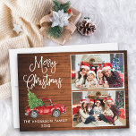 Tarjeta Festiva Navidades de caligrafía Camión de época 2 Madera f<br><div class="desc">Moderna caligrafía divertida guión Merry Christmas 2 Photo Holiday Card - Watercolor Vintage Camión Rojo con Árbol de Navidad - Rústica Madera de campo</div>