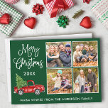 Tarjeta Festiva Navidades de caligrafía Camión de época 4 Foto Ver<br><div class="desc">Moderna caligrafía de diversión guión Feliz Navidad 4 tarjeta de vacaciones de fotos - Watercolor Vintage Camión rojo con árbol de Navidad - Fondo verde forestal</div>