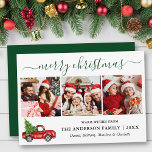 Tarjeta Festiva Navidades de caligrafía Camión Rojo 3 Foto Verde<br><div class="desc">Moderna caligrafía Script 3 Photo Family Collage de fotos Merry Christmas Card incluye Watercolor Vintage Camión Rojo con árbol - Guión verde forestal</div>