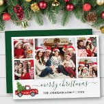 Tarjeta Festiva Navidades de caligrafía Camión Rojo 5 Foto Verde<br><div class="desc">Moderna caligrafía Script 5 Photo Family Collage de fotos Merry Christmas Card incluye Watercolor Vintage Camión Rojo con árbol - Guión verde forestal</div>