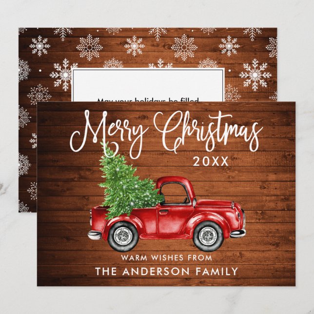 Tarjeta Festiva Navidades de caligrafía Camión Snowflakes Madera (Anverso / Reverso)