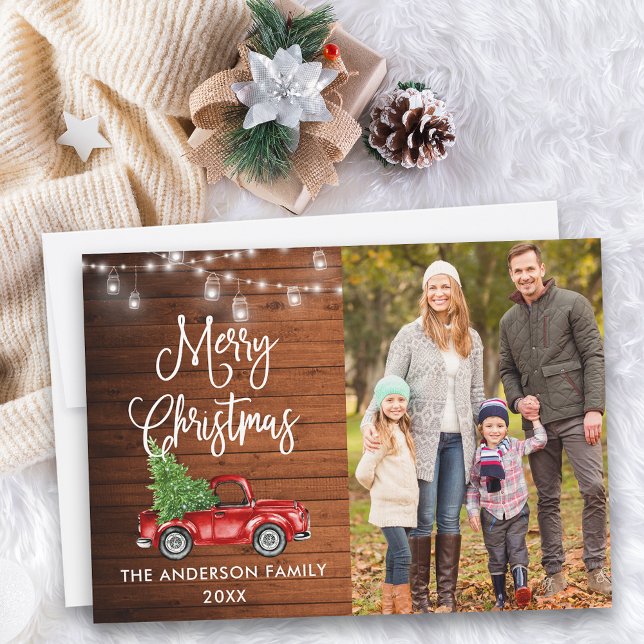 Tarjeta Festiva Navidades de caligrafía Camión Wood Jar Lights (Customize to add text to back of card.)