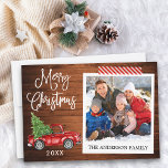 Tarjeta Festiva Navidades de caligrafía Cinta para naves de madera<br><div class="desc">Moderna caligrafía de diversión Script Watercolor Vintage Camión Rojo con árbol de Navidad,  foto estilo cámara instantáneo Tarjeta navideña - Madera rústica y cinta de artesanías rayadas rojas y blancas</div>