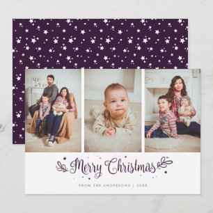 Tarjeta Festiva Navidades de caligrafía de estrellas moradas 3 tar