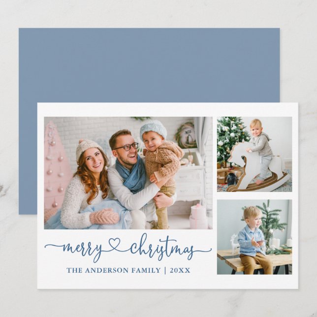 Tarjeta Festiva Navidades de caligrafía de guiones cardíacos Azul  (Anverso / Reverso)