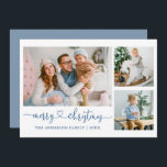 Tarjeta Festiva Navidades de caligrafía de guiones cardíacos Azul<br><div class="desc">Caligrafía moderna Corazón guión Merry Navidad 3 tarjeta de vacaciones de foto - Azul turbio</div>