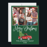 Tarjeta Festiva Navidades de caligrafía divertida Camión Rojo 2 Fo<br><div class="desc">Gráfica divertida caligrafía Merry Navidad acuarela Vintage Camión Rojo con familia de árbol de Navidad 2 tarjeta de vacaciones de foto - Fondo verde del bosque</div>