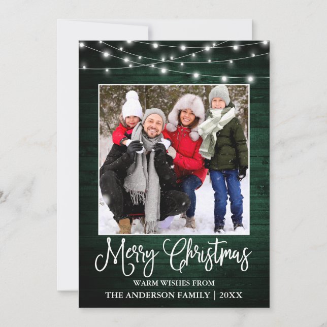 Tarjeta Festiva Navidades de caligrafía divertida foto de luz verd (Anverso)