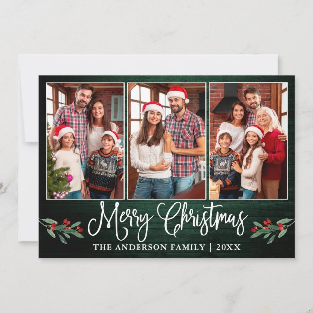 Tarjeta Festiva Navidades de caligrafía divertida Holly Green Wood (Anverso)