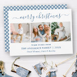 Tarjeta Festiva Navidades de caligrafía Dusty Blue Gingham 3 Foto<br><div class="desc">Moderna caligrafía de moda guión 3 Collage de fotos de la familia de fotos Tarjeta navideña - Dusty Blue y White Gingham Plaid</div>