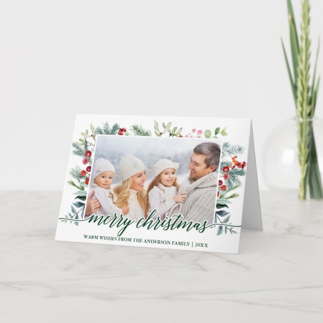 Tarjeta Festiva Navidades de caligrafía Fotografía verde Fold verd (Anverso)