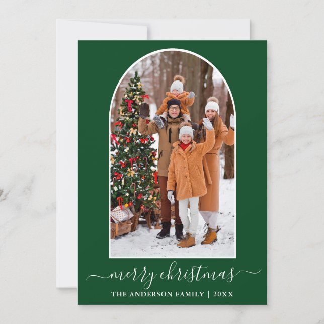 Tarjeta Festiva Navidades de caligrafía moderna Foto Arch Green (Anverso)