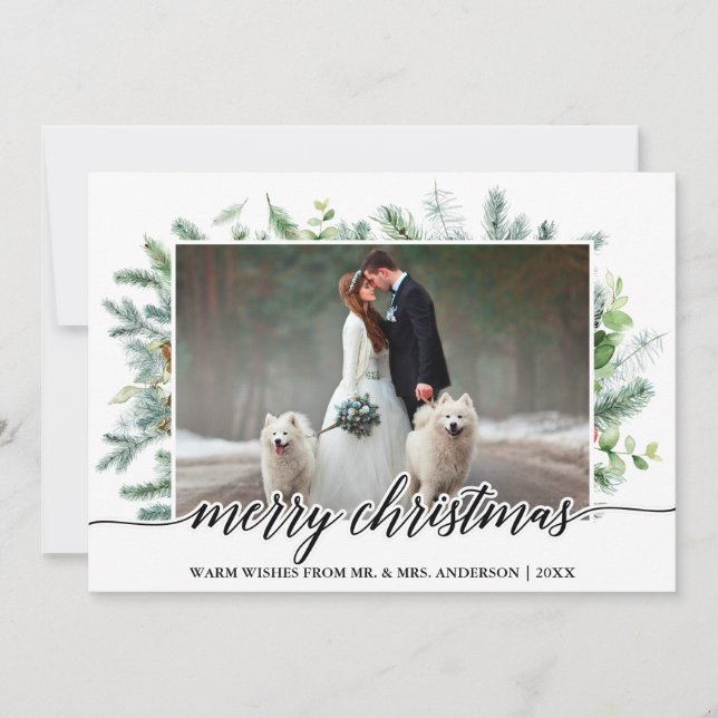 Tarjeta Festiva Navidades de caligrafía Pine Greenery Boda Foto (Anverso)