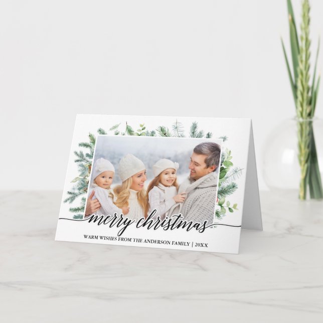 Tarjeta Festiva Navidades de caligrafía Pine Greenery Photo Fold (Anverso)