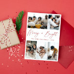 Tarjeta Festiva Navidades de caligrafía roja brillante y morena<br><div class="desc">Saluda a tus amigos y seres queridos con una buena tarjeta de felicitación fotográfica esta temporada de Navidades y feriados. Presentando cinco hermosas fotos de tu familia y una simple cita de caligrafía de escritura casual que dice "Feliz   Brillante".</div>