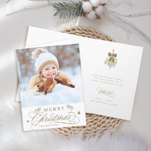 Tarjeta Festiva Navidades de caligrafía romántica de oro foto dobl