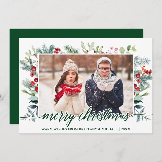 Tarjeta Festiva Navidades de caligrafía verde foto de pareja verde (Anverso / Reverso)