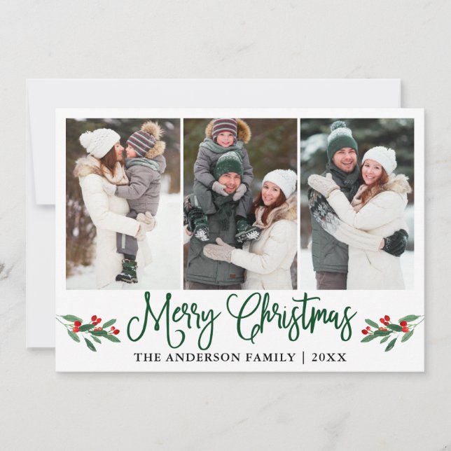 Tarjeta Festiva Navidades de caligrafía verde moderna Holly 3 Foto (Anverso)