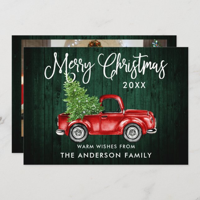 Tarjeta Festiva Navidades de Calligraphy Green Wood Truck Foto de  (Anverso / Reverso)