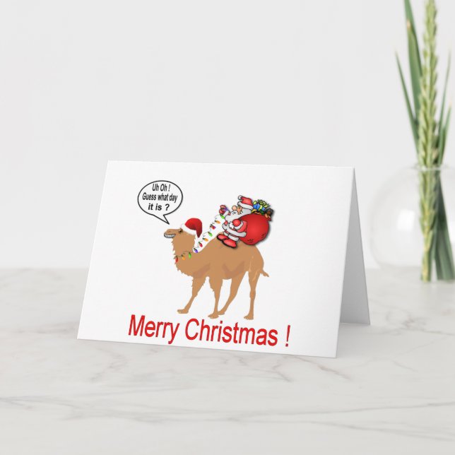 Tarjeta Festiva Navidades de camellos de Hump Day con Santa (Anverso)