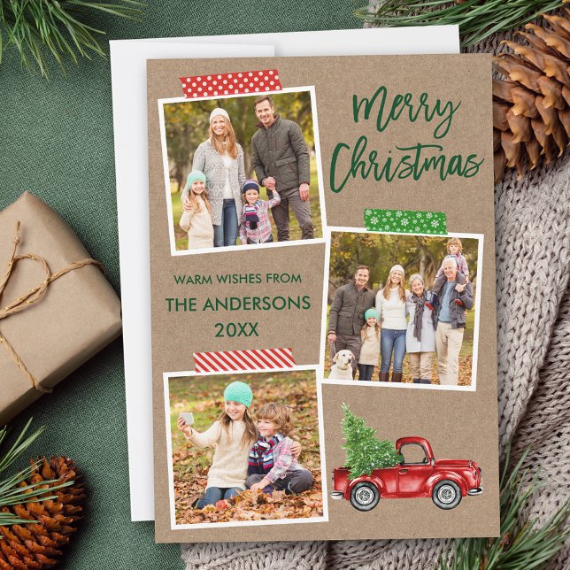 Tarjeta Festiva Navidades de Camión de Camión de Cinta con Guión d (Customize to add text or more photos to back of card.)