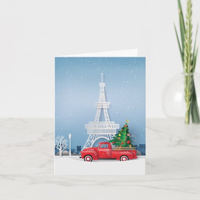 Tarjeta Festiva Navidades de Camión Rojo de la Torre Eiffel de Par (Anverso)