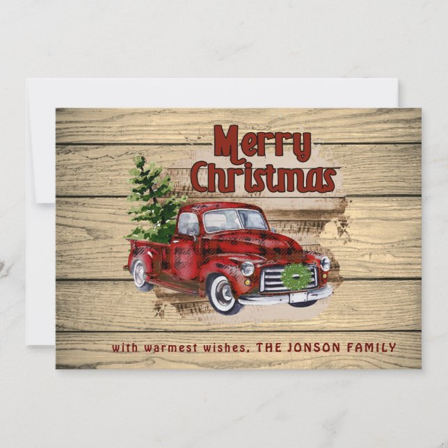 Tarjeta Festiva Navidades de Camión Rojo Rústico Retro Saludo FOTO (Anverso)