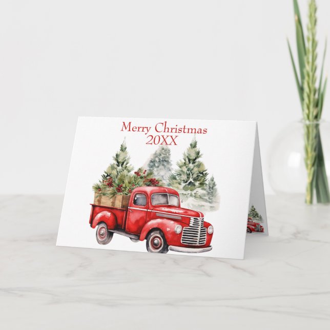 Tarjeta Festiva Navidades de Camión Rojo Vintage (Anverso)