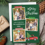 Tarjeta Festiva Navidades de Camiones Rojos de Cinta de Guión de P<br><div class="desc">La tarjeta navideña Merry Christmas 3 Collage de fotos incluye Craft Tape y Watercolor Vintage Red Truck con Árbol de Navidad. Fondo verde forestal.</div>