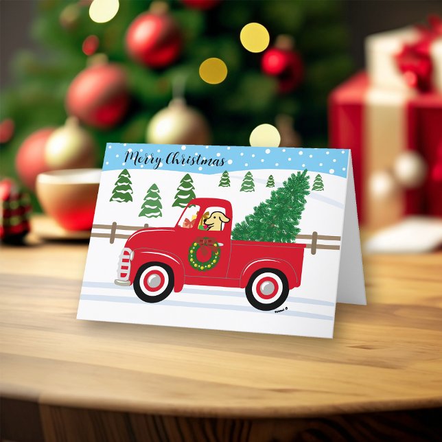 Tarjeta Festiva Navidades de Camiones Rojos de Labrador Amarillo (Yellow Labrador and Vintage Red Truck Design Christmas Cards for Yellow Labrador Owners. )