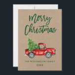 Tarjeta Festiva Navidades de Camiones Vintage con guión de pincel<br><div class="desc">Kraft Brush Script Watercolor Vintage Camión Rojo con Árbol de Navidad - Tarjeta navideña de Feliz</div>