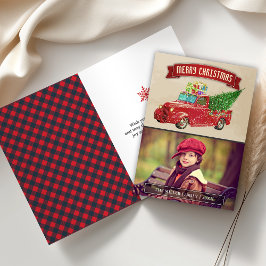 Tarjeta Festiva Navidades de camionetas rojas antiguas