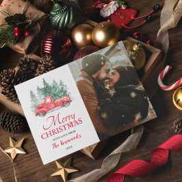 Tarjeta Festiva Navidades de camionetas rojas de época fotográfica