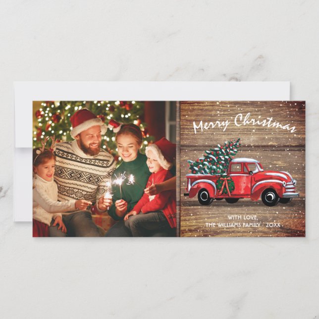 Tarjeta Festiva Navidades de camionetas rusticas de época foto 8x4 (Anverso)