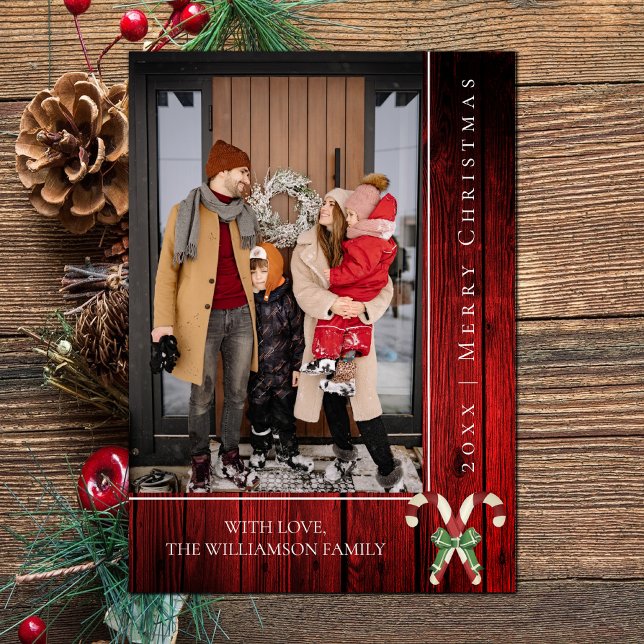 Tarjeta Festiva Navidades de Candy Canes Rústicos | Rojo (Red Rustic Candy Canes Christmas Photo Card)