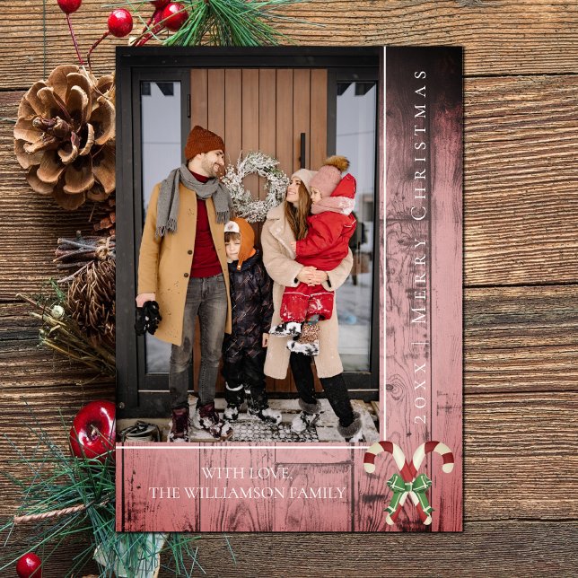 Tarjeta Festiva Navidades de Candy Canes Rústicos | Rosa (Pink Rustic Candy Canes Christmas Photo Card)