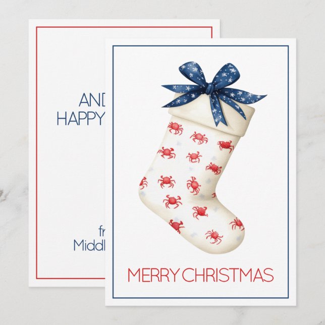 Tarjeta Festiva Navidades de cangrejo rojo de la costa se levantan (Anverso / Reverso)
