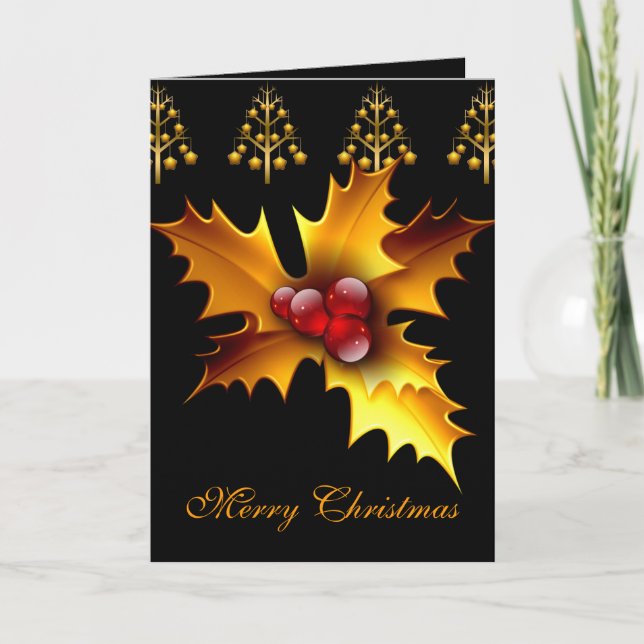 Tarjeta Festiva Navidades de Card Merry Xmas Black Red Gold Holly (Anverso)