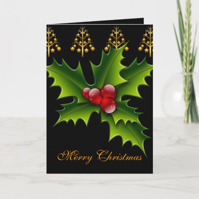 Tarjeta Festiva Navidades de Card Merry Xmas Green Red Holly (Anverso)