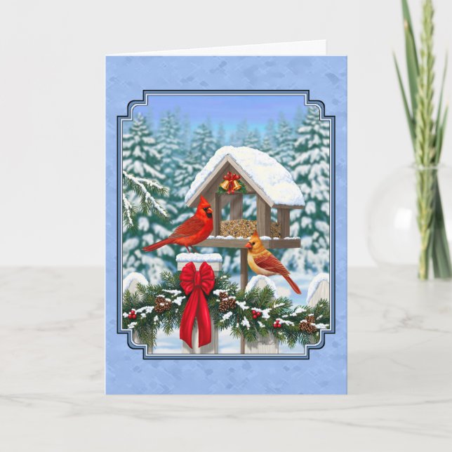 Tarjeta Festiva Navidades de Cardenales Festín Azul (Anverso)