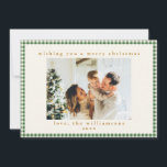 Tarjeta Festiva Navidades de cartas fotográficas de Green Gingham<br><div class="desc">Tarjeta de festividad de Personalizado verde lindo de Gingham con carta personalizada opcional en reverso</div>