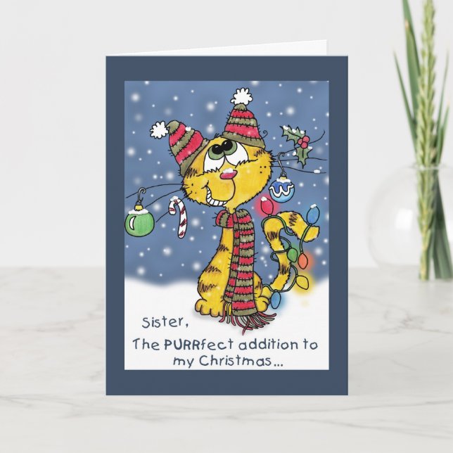 Tarjeta Festiva Navidades de Cat-PURR decorados para hermanas (Anverso)