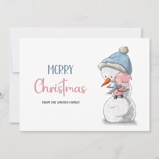 Tarjeta Festiva Navidades de cerdo de muñeco de nieve rosa azul (Anverso)