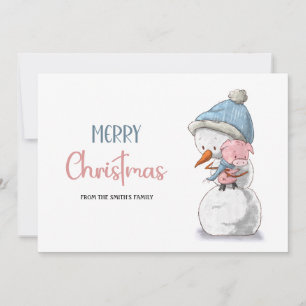 Tarjeta Festiva Navidades de cerdo de muñeco de nieve rosa azul