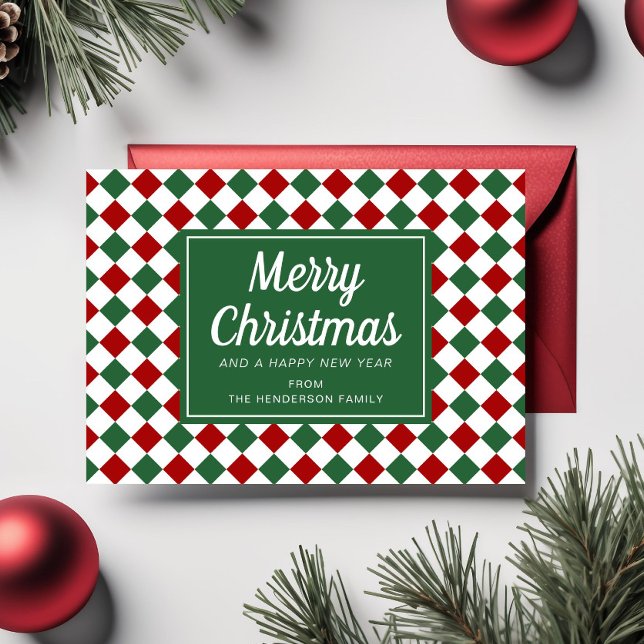 Tarjeta Festiva Navidades de cheques verdes y rojos festivos (Festive Red and Green Check Christmas Holiday Card)